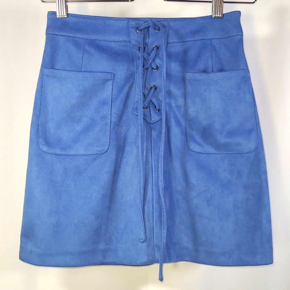 Vegan Suede Lace-up Miniskirt | Bright Blue Sky